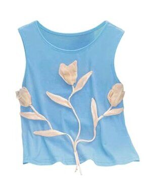 Women's 3D Light Blue Floral Tank Top Crew Neck Tulip Applique Summer Casual
